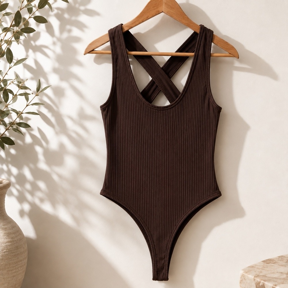 Nasty Gal Collection Chocolate Brown Ribbed Bodysuit Cross Back Y2K Approx XS